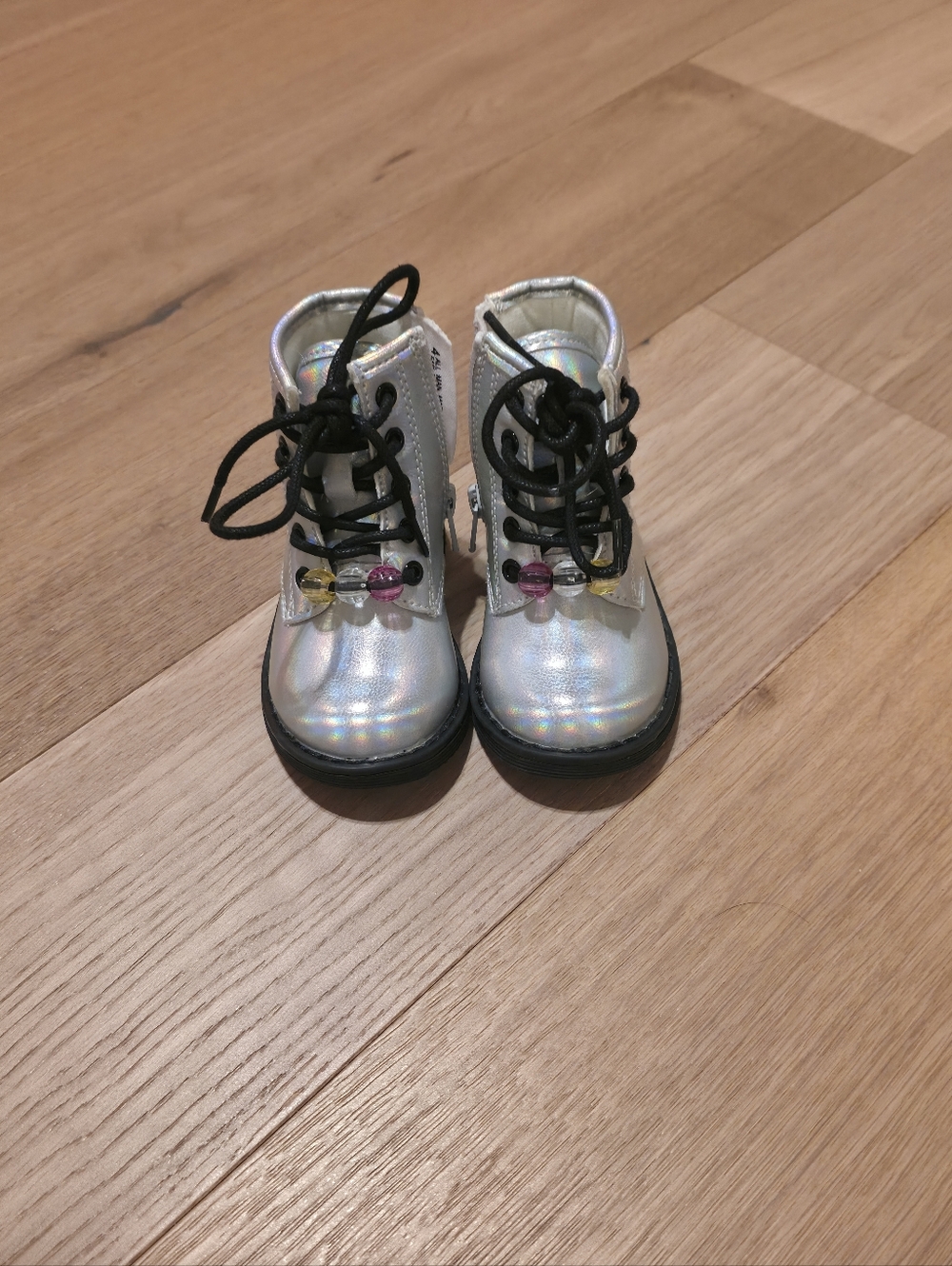 The Children's Place Holographic Silver Lace-Up Kids Boots with Bead Detail